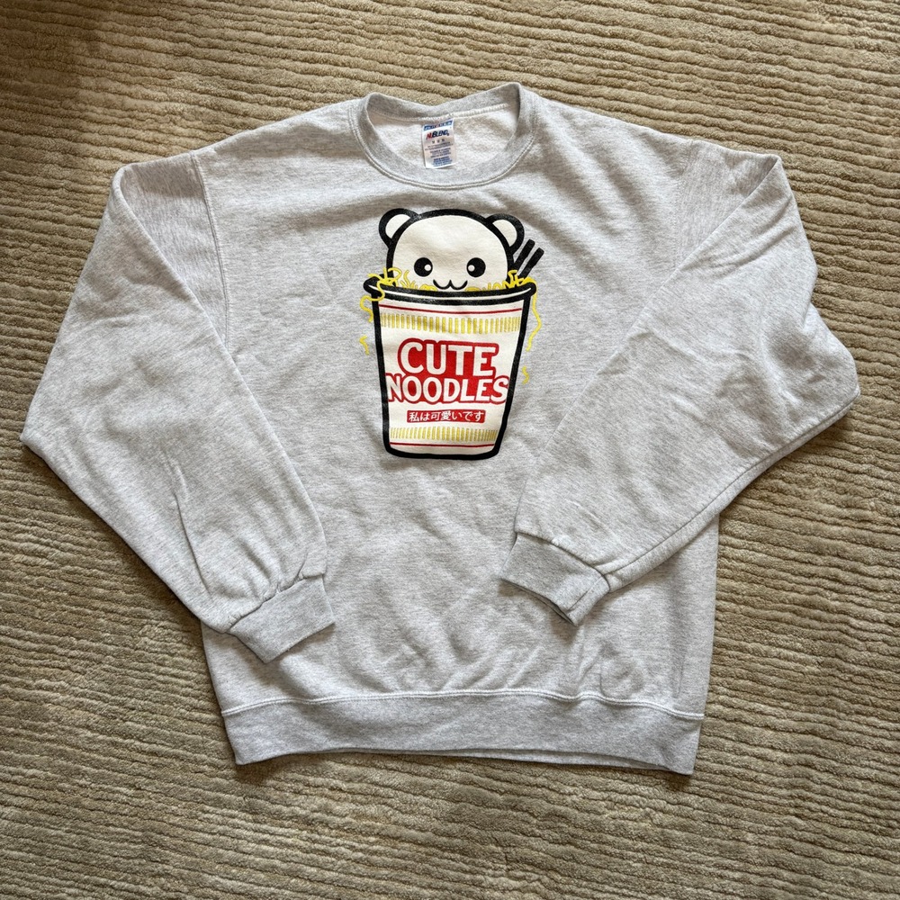 Cute Noodles Kawaii Ramen Bear Graphic Sweatshirt Gray Unisex Medium